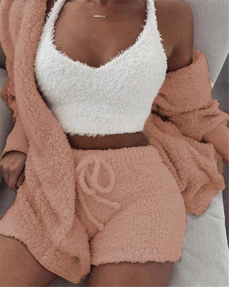 3-Piece Women’s Lounge & Pajama Set – Long Sleeve Crop Top, Tank Top, and Drawstring Shorts