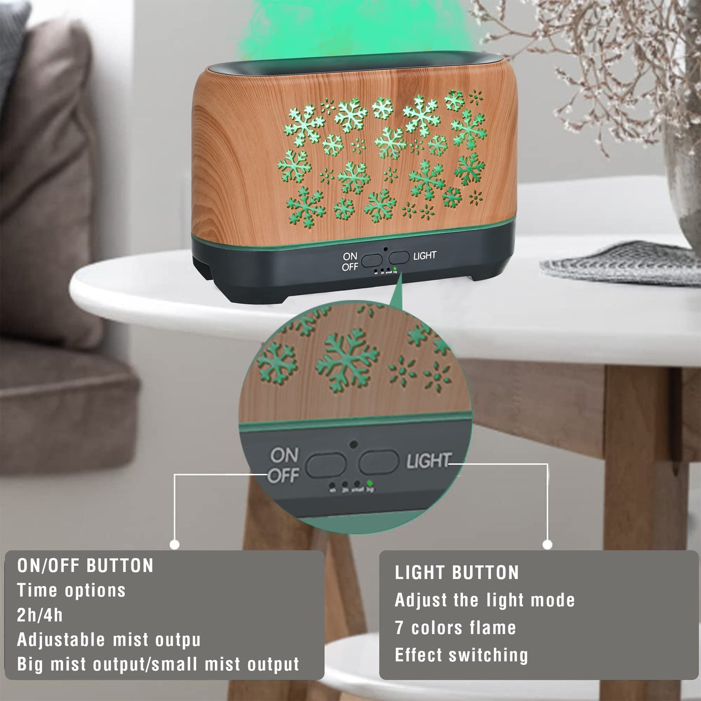 Christmas Snowflake Ultrasonic Aromatherapy Humidifier – 7-Color LED Flame Effect Diffuser with Remote Control