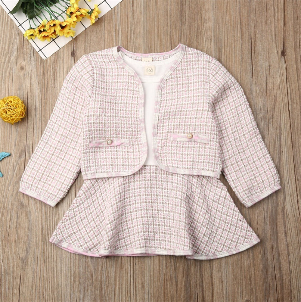 Baby Girl Two-Piece Long-Sleeved Dress Set – Korean-Inspired Plaid Outfit for Toddlers