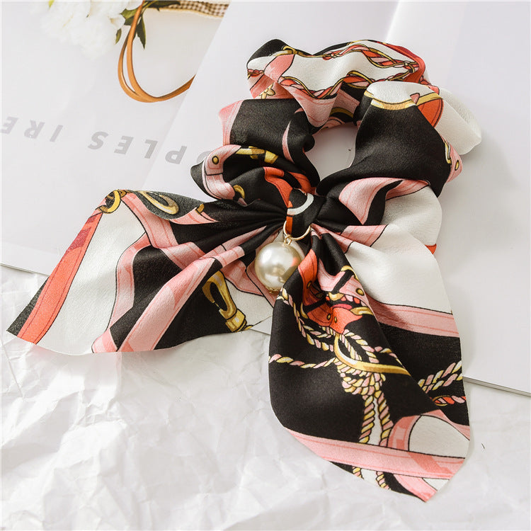 Pearl Pendant Large Bow Hair Band – Women's Knotted Hair Rope with Elegant Pearl Accent