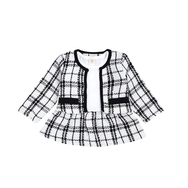 Baby Girl Two-Piece Long-Sleeved Dress Set – Korean-Inspired Plaid Outfit for Toddlers