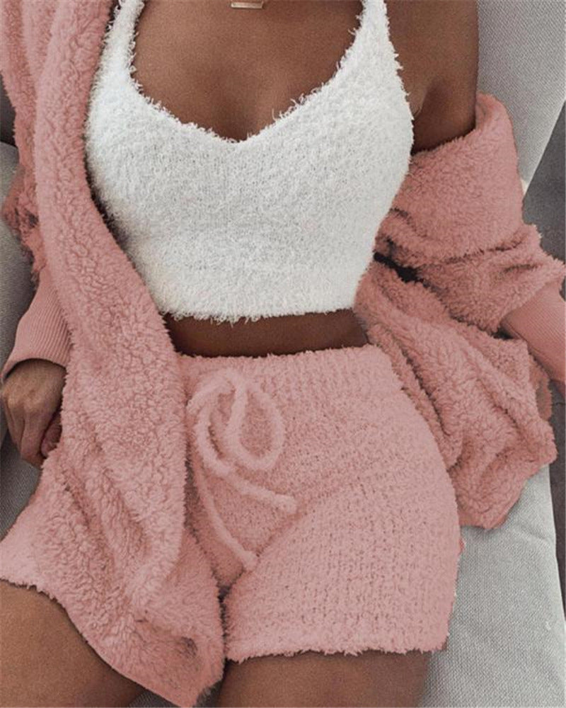 3-Piece Women’s Lounge & Pajama Set – Long Sleeve Crop Top, Tank Top, and Drawstring Shorts