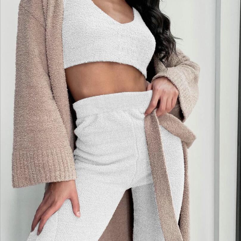 3-Piece Women’s Lounge & Pajama Set – Long Sleeve Crop Top, Tank Top, and Drawstring Shorts