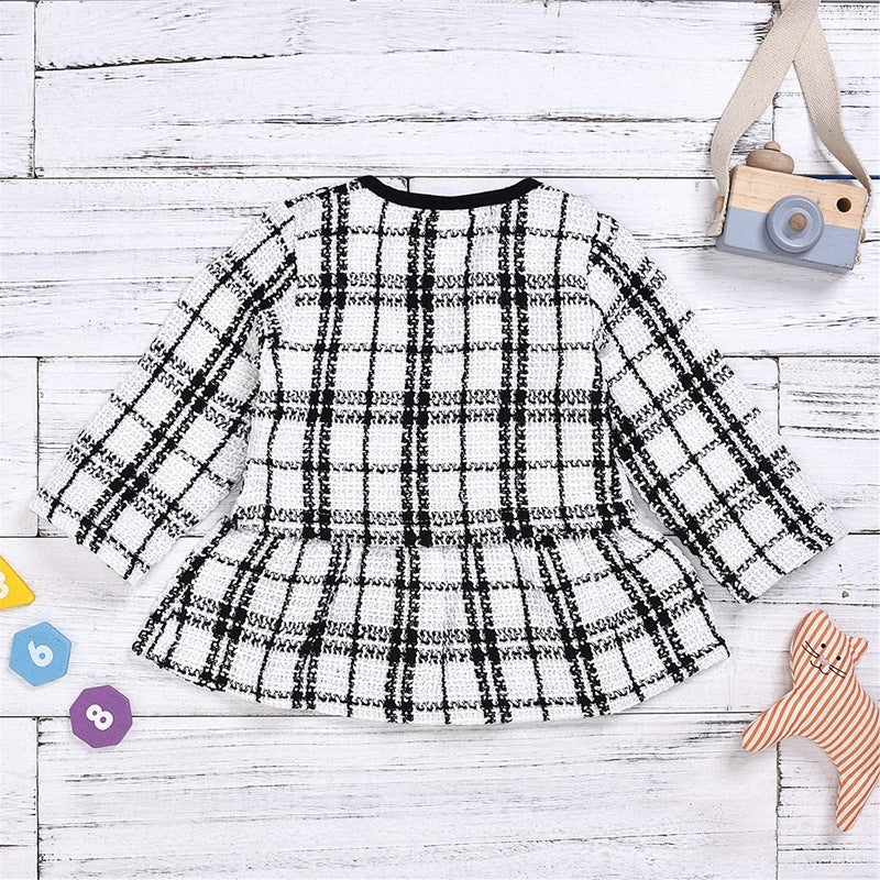 Baby Girl Two-Piece Long-Sleeved Dress Set – Korean-Inspired Plaid Outfit for Toddlers