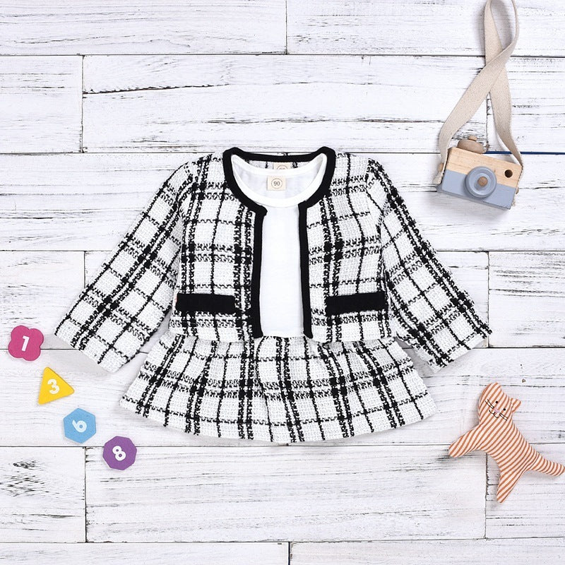 Baby Girl Two-Piece Long-Sleeved Dress Set – Korean-Inspired Plaid Outfit for Toddlers