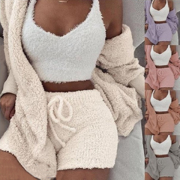 3-Piece Women’s Lounge & Pajama Set – Long Sleeve Crop Top, Tank Top, and Drawstring Shorts