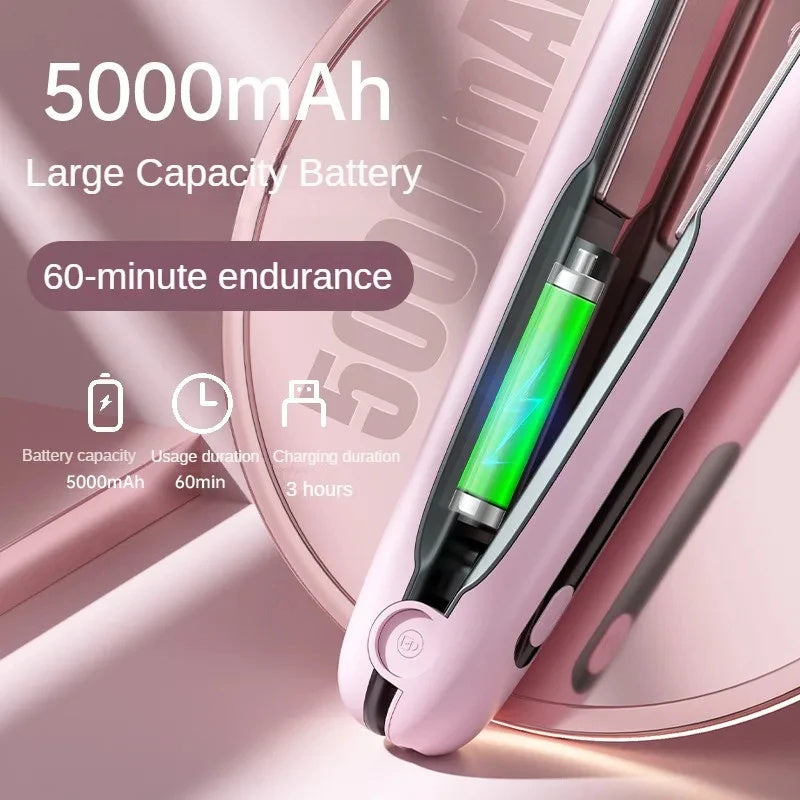 2-in-1 Cordless Hair Straightener & Curler – USB Rechargeable, 5000mAh Battery, Adjustable Heat Settings for Dry & Wet Hair