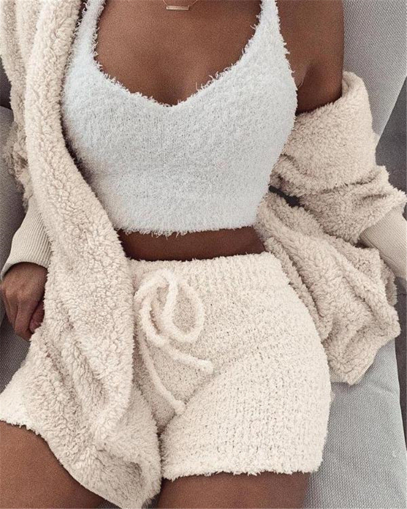 3-Piece Women’s Lounge & Pajama Set – Long Sleeve Crop Top, Tank Top, and Drawstring Shorts