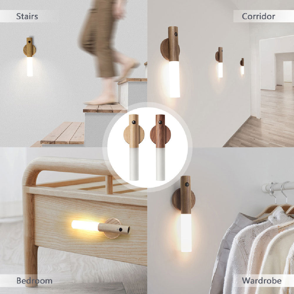 Auto LED USB Magnetic Wood Wireless Night Light – PIR Motion Sensor Wall & Cabinet Lamp