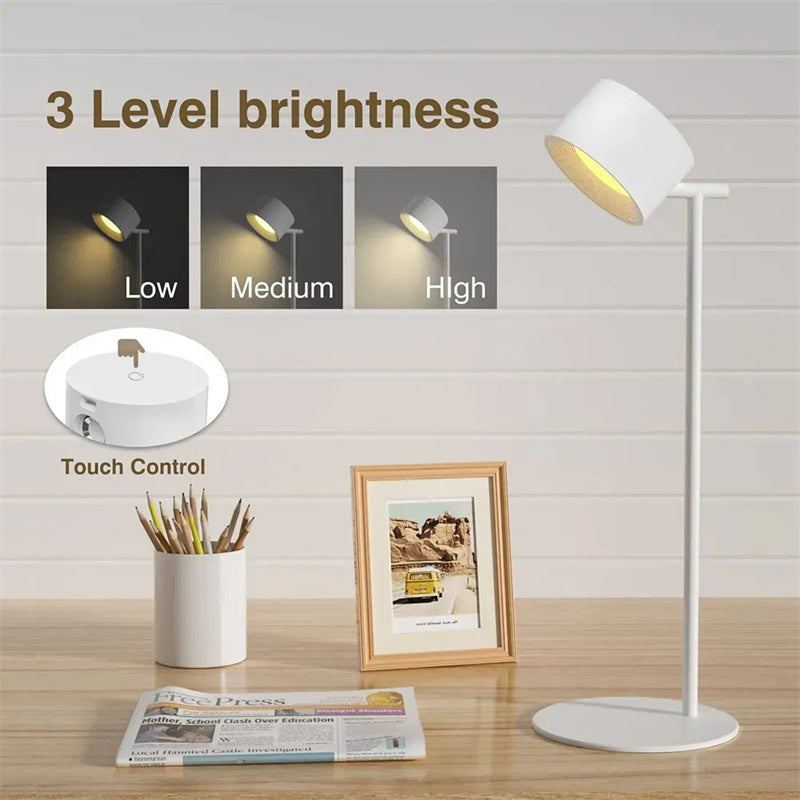Magnetic Touchable LED USB Rechargeable Table Lamp – 360° Rotatable Cordless Desk Light with Remote Control