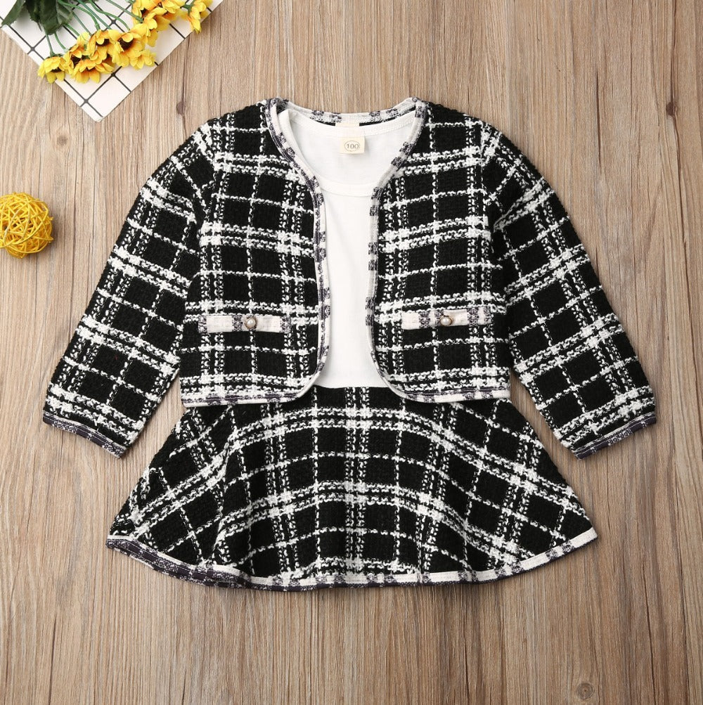 Baby Girl Two-Piece Long-Sleeved Dress Set – Korean-Inspired Plaid Outfit for Toddlers