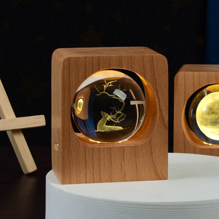 Beech Crystal Ball Night Light – 3D Laser Engraved Elk & Jellyfish LED Lamp with USB Dimming