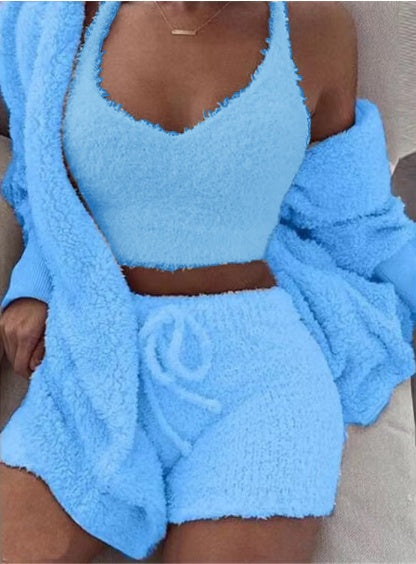 3-Piece Women’s Lounge & Pajama Set – Long Sleeve Crop Top, Tank Top, and Drawstring Shorts