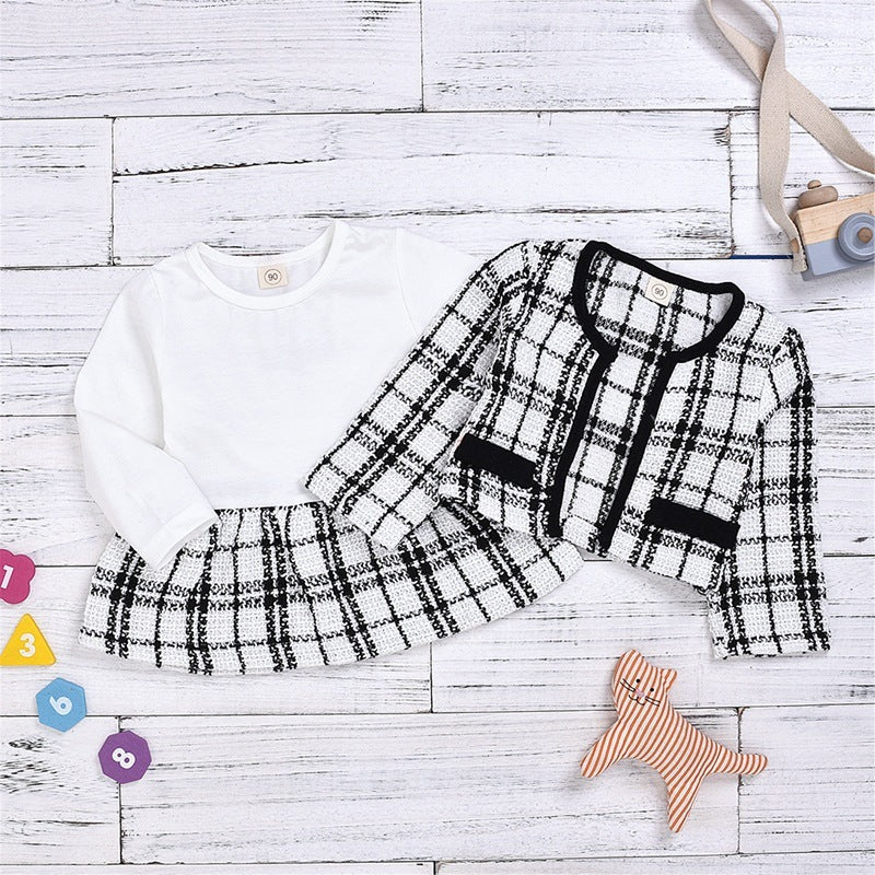 Baby Girl Two-Piece Long-Sleeved Dress Set – Korean-Inspired Plaid Outfit for Toddlers