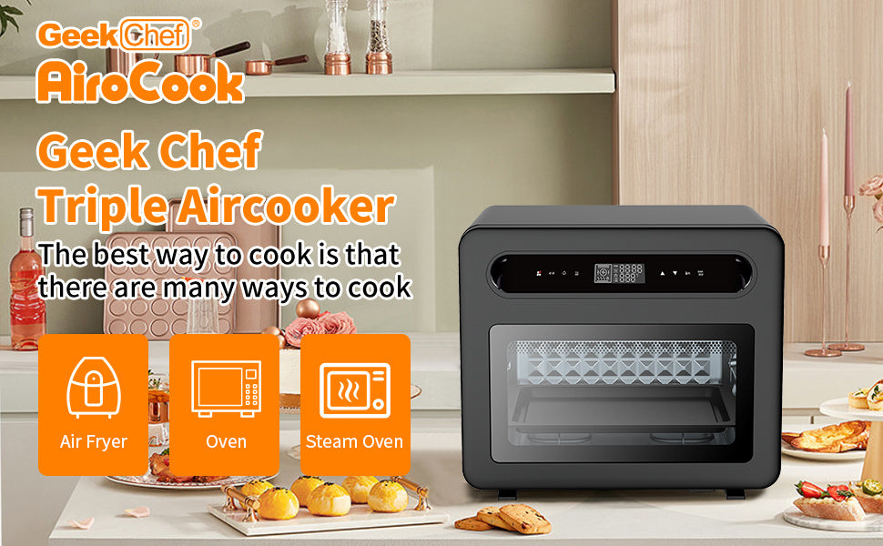 Geek Chef 26QT Steam Air Fryer Toaster Oven – 50-in-1 Countertop Convection Oven with Rotisserie, Dehydrator, and LED Touchscreen – Black Stainless Steel