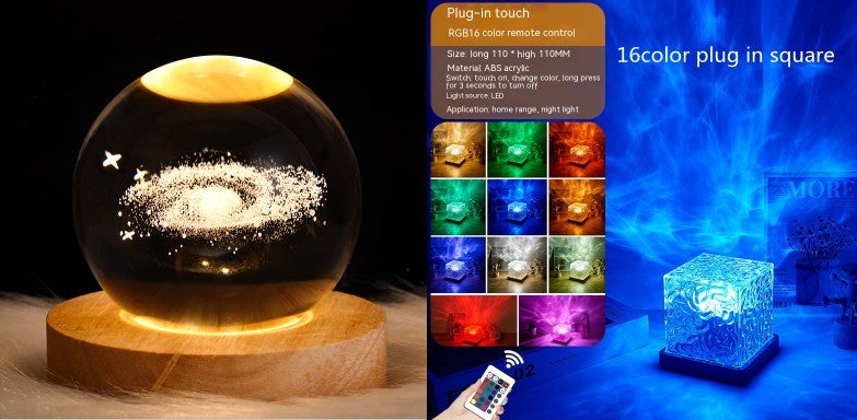 LED Water Ripple Ambient Night Light – USB Rotating Projection Crystal Table Lamp with RGB Dimmable Colors & 16 Lighting Effects