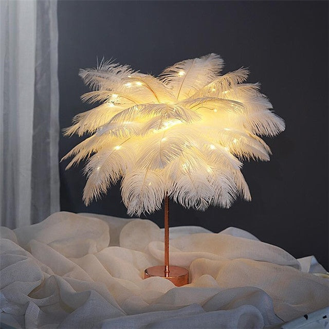 Nordic Feather Table Lamp – Elegant Bedside Night Light with Soft Glow