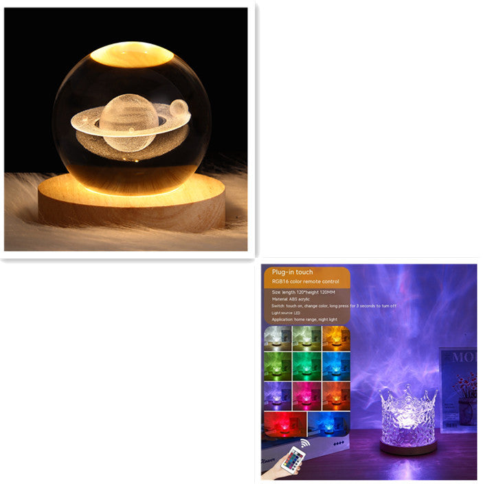 LED Water Ripple Ambient Night Light – USB Rotating Projection Crystal Table Lamp with RGB Dimmable Colors & 16 Lighting Effects