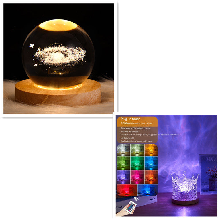 LED Water Ripple Ambient Night Light – USB Rotating Projection Crystal Table Lamp with RGB Dimmable Colors & 16 Lighting Effects