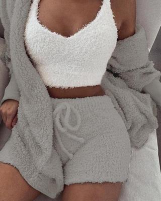 3-Piece Women’s Lounge & Pajama Set – Long Sleeve Crop Top, Tank Top, and Drawstring Shorts