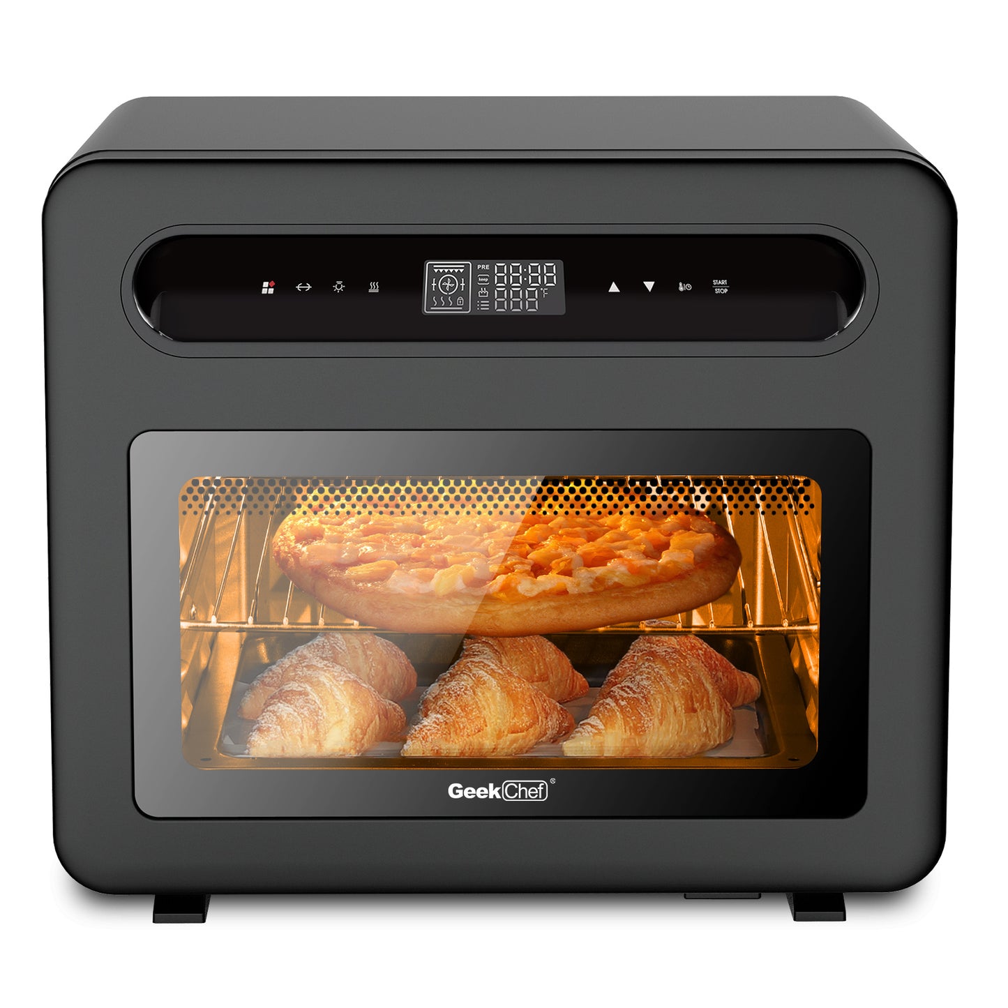 Geek Chef 26QT Steam Air Fryer Toaster Oven – 50-in-1 Countertop Convection Oven with Rotisserie, Dehydrator, and LED Touchscreen – Black Stainless Steel