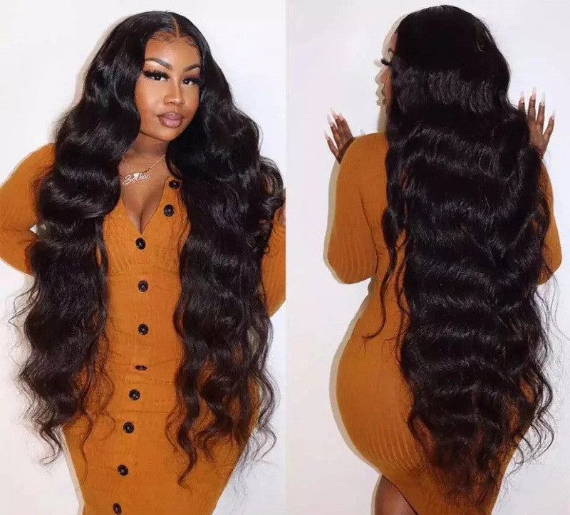 Luxurious Long Black Wavy Wig – 28" Heat-Resistant Synthetic Hair with Middle Part