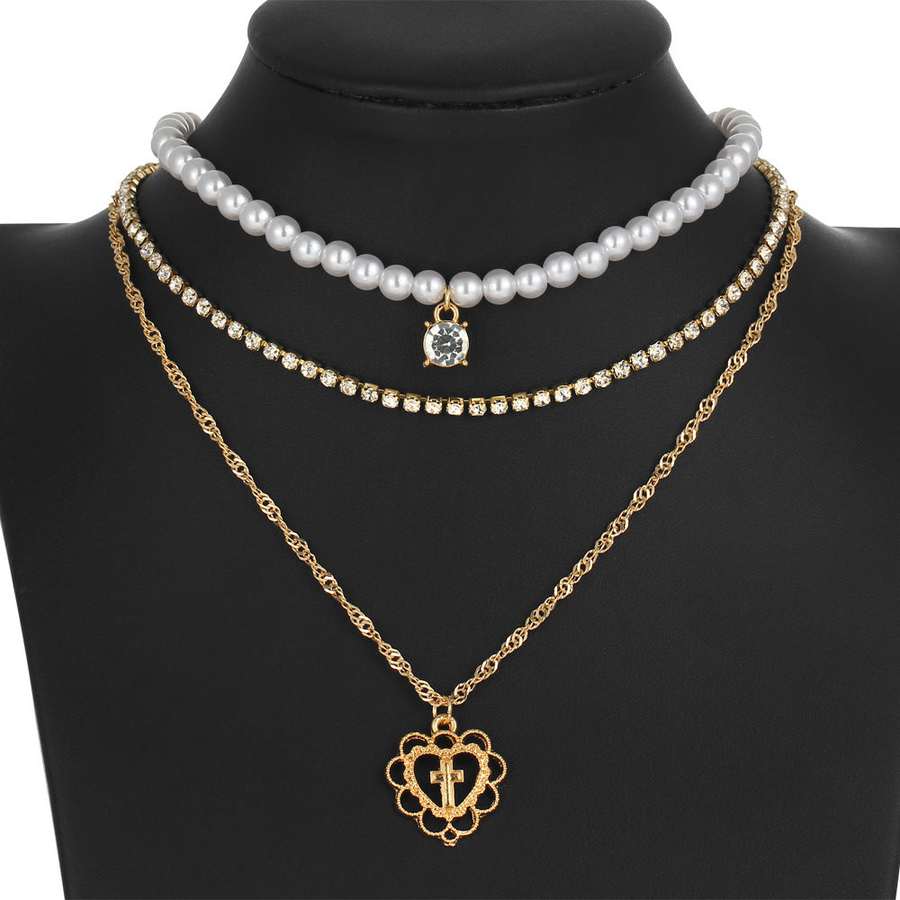 Elegant Pearl Drops Love Necklace – Multilayer Rhinestone Clavicle Chain
