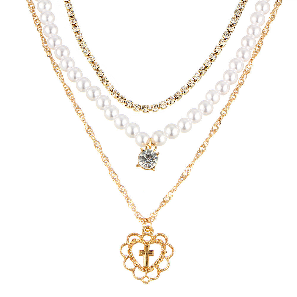 Elegant Pearl Drops Love Necklace – Multilayer Rhinestone Clavicle Chain