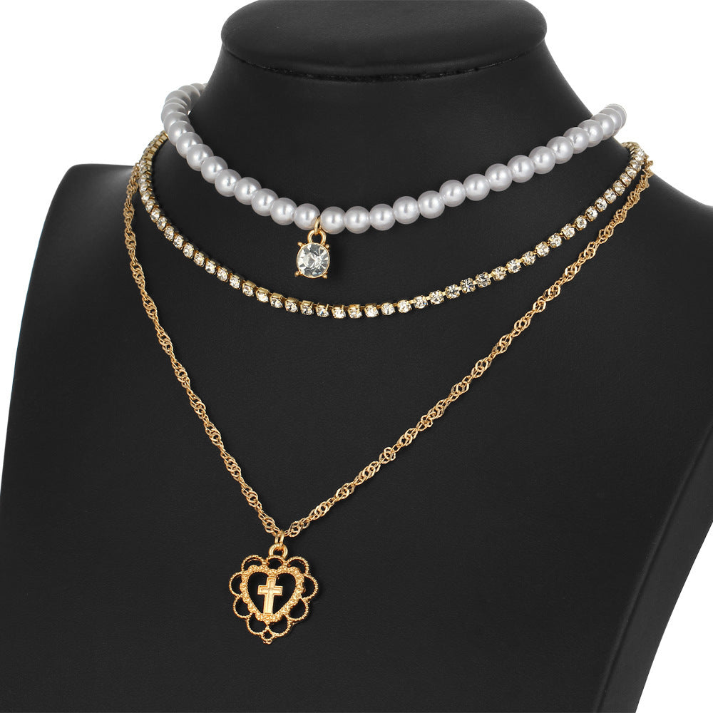 Elegant Pearl Drops Love Necklace – Multilayer Rhinestone Clavicle Chain