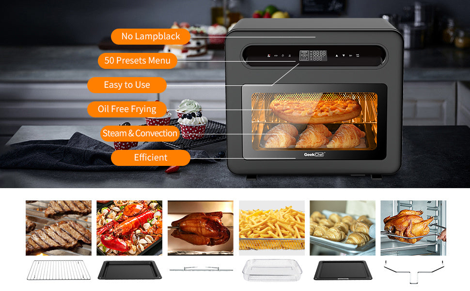 Geek Chef 26QT Steam Air Fryer Toaster Oven – 50-in-1 Countertop Convection Oven with Rotisserie, Dehydrator, and LED Touchscreen – Black Stainless Steel