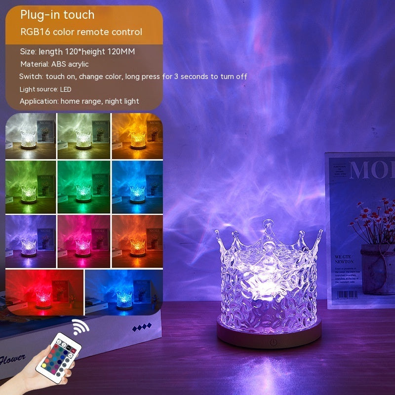 LED Water Ripple Ambient Night Light – USB Rotating Projection Crystal Table Lamp with RGB Dimmable Colors & 16 Lighting Effects