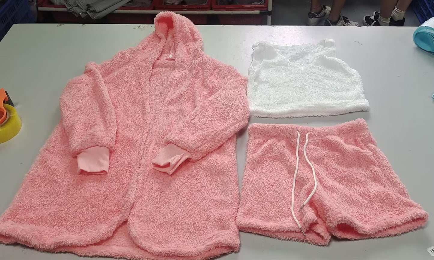 3-Piece Women’s Lounge & Pajama Set – Long Sleeve Crop Top, Tank Top, and Drawstring Shorts