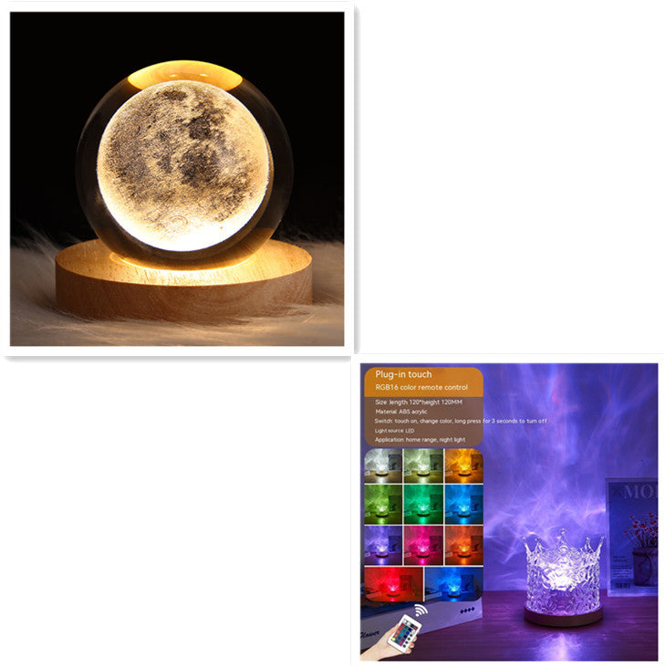 LED Water Ripple Ambient Night Light – USB Rotating Projection Crystal Table Lamp with RGB Dimmable Colors & 16 Lighting Effects