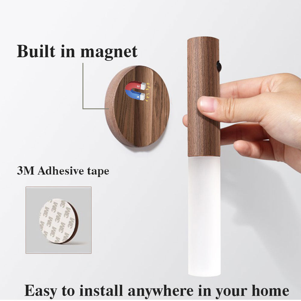 Auto LED USB Magnetic Wood Wireless Night Light – PIR Motion Sensor Wall & Cabinet Lamp