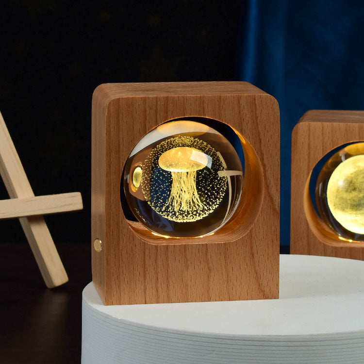 Beech Crystal Ball Night Light – 3D Laser Engraved Elk & Jellyfish LED Lamp with USB Dimming