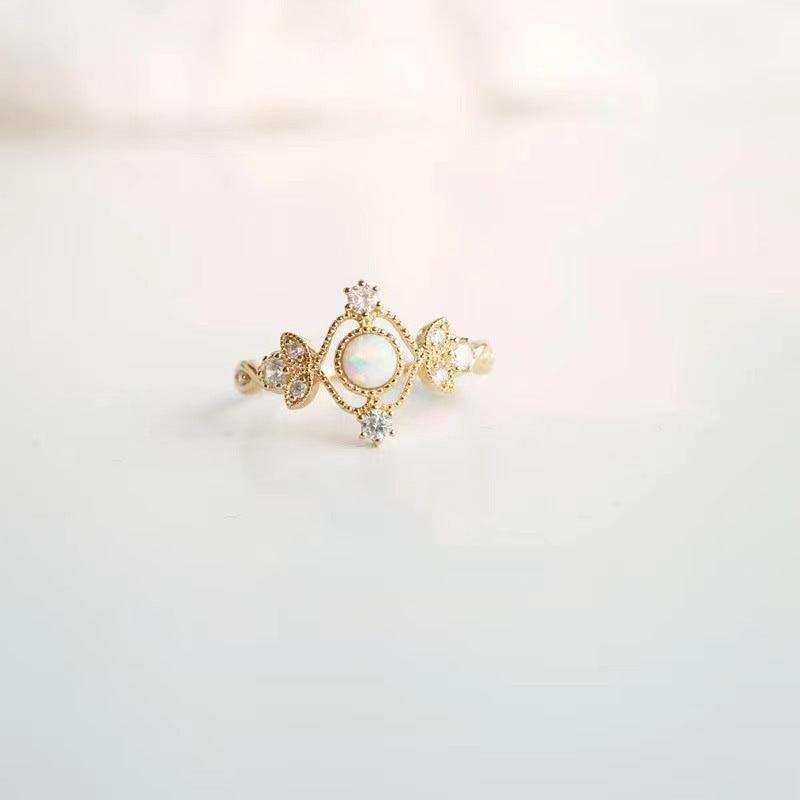 Inlaid Natural Opal Stone Ring – Copper-Plated Gold Band with Elegant Design