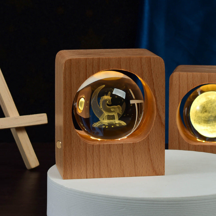 Beech Crystal Ball Night Light – 3D Laser Engraved Elk & Jellyfish LED Lamp with USB Dimming