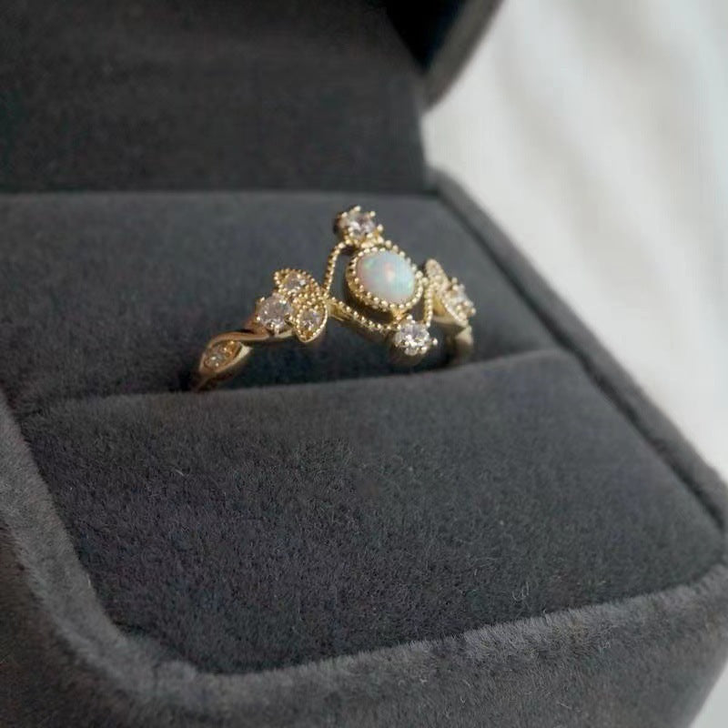 Inlaid Natural Opal Stone Ring – Copper-Plated Gold Band with Elegant Design