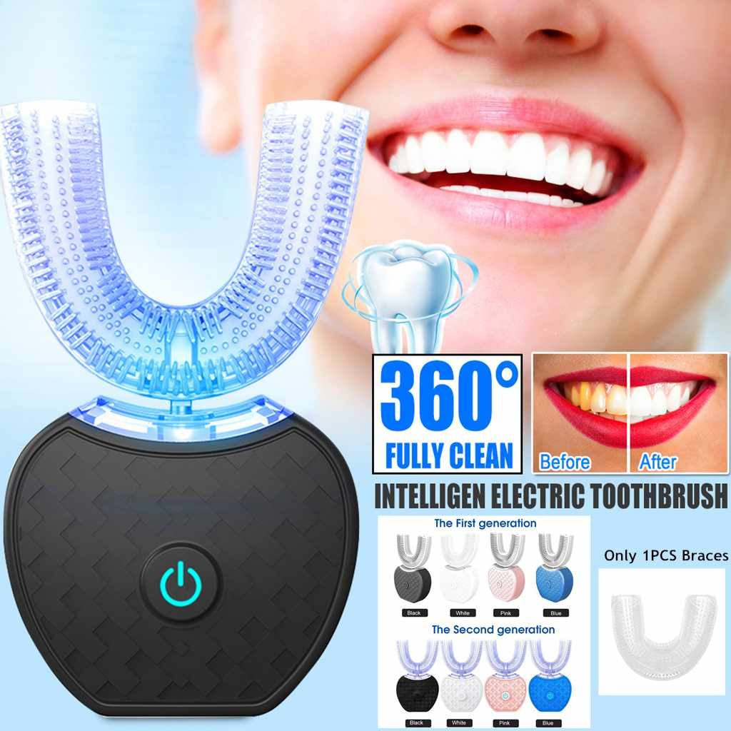 360° Intelligent Automatic Electric Toothbrush – U-Shaped, Whitening Blue Light, Waterproof, USB Charging