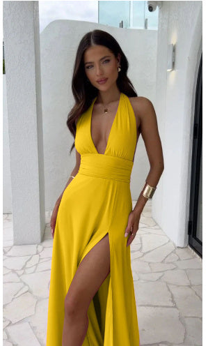 Women's Sexy Halterneck V-Neck Slit Dress – Backless Strappy Summer Maxi Dress