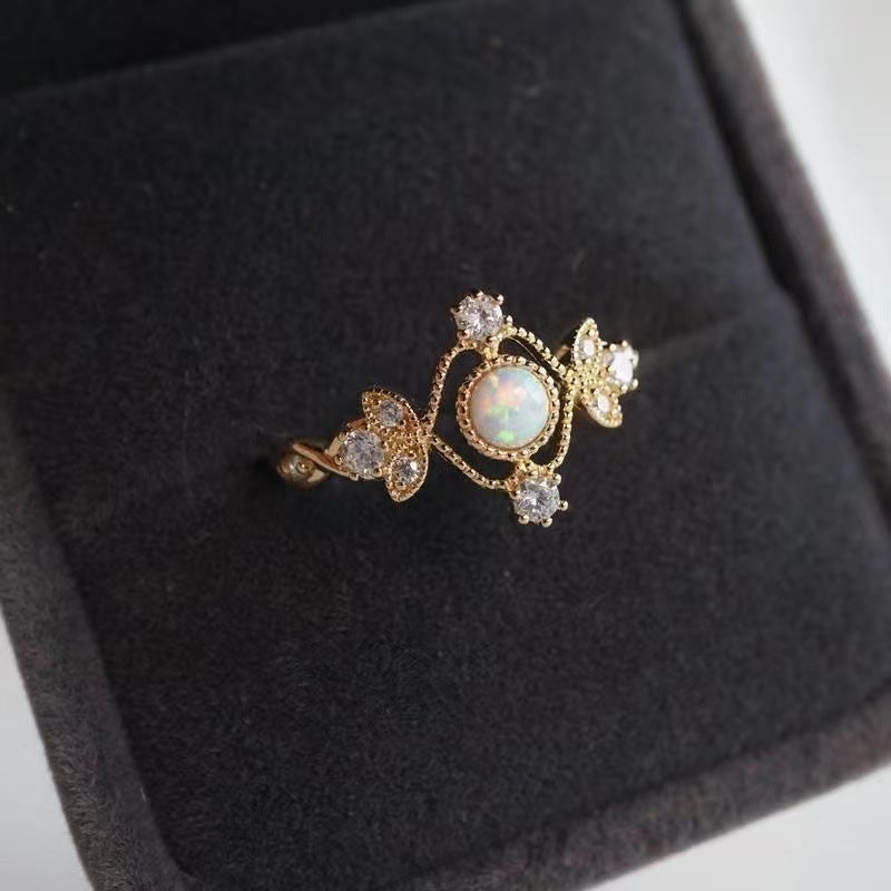 Inlaid Natural Opal Stone Ring – Copper-Plated Gold Band with Elegant Design
