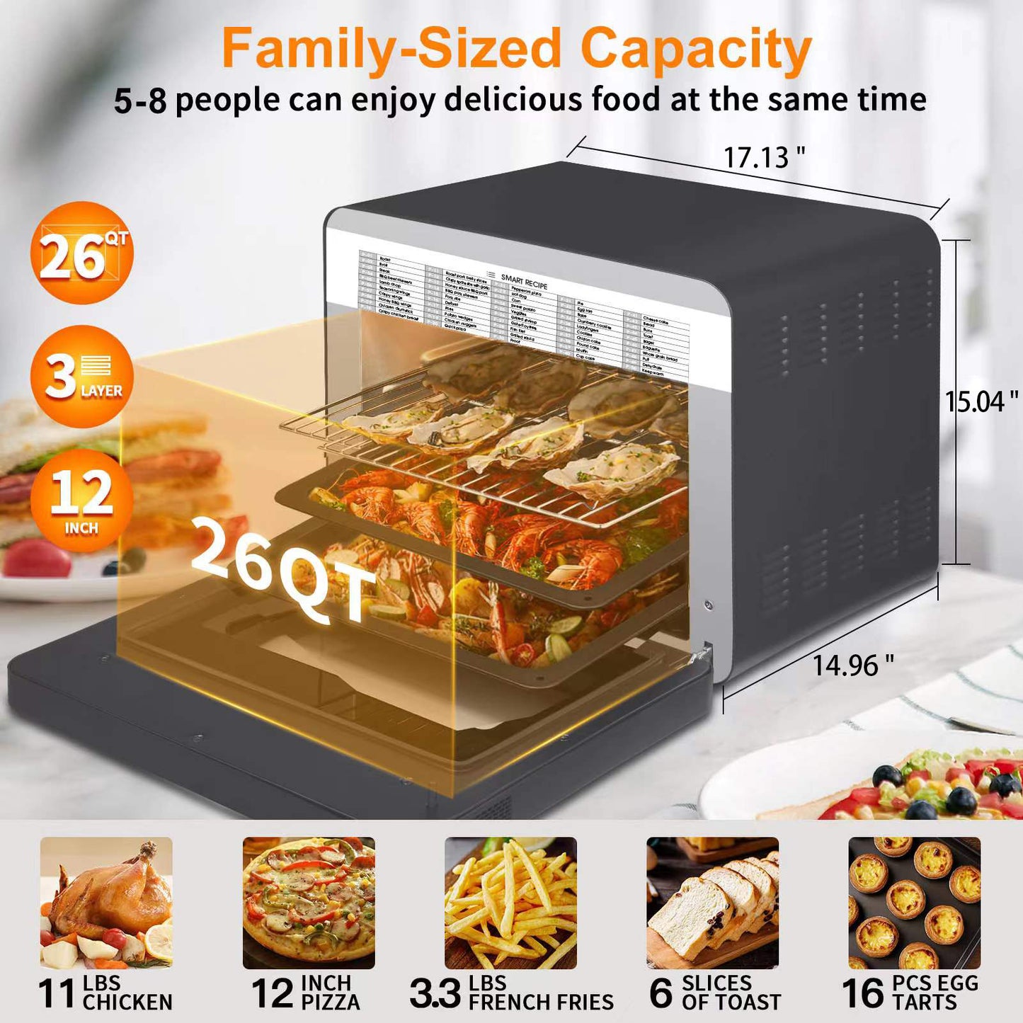 Geek Chef 26QT Steam Air Fryer Toaster Oven – 50-in-1 Countertop Convection Oven with Rotisserie, Dehydrator, and LED Touchscreen – Black Stainless Steel