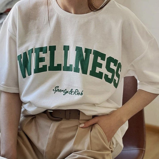 Wellness Sporty & Rich Creativity Letter Cotton Tee – Oversized Graphic T-Shirt for Women