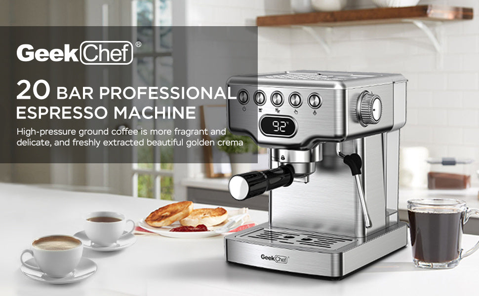 Geek Chef 20-Bar Espresso Machine – Stainless Steel Espresso Maker with Milk Frother & 1.8L Water Tank