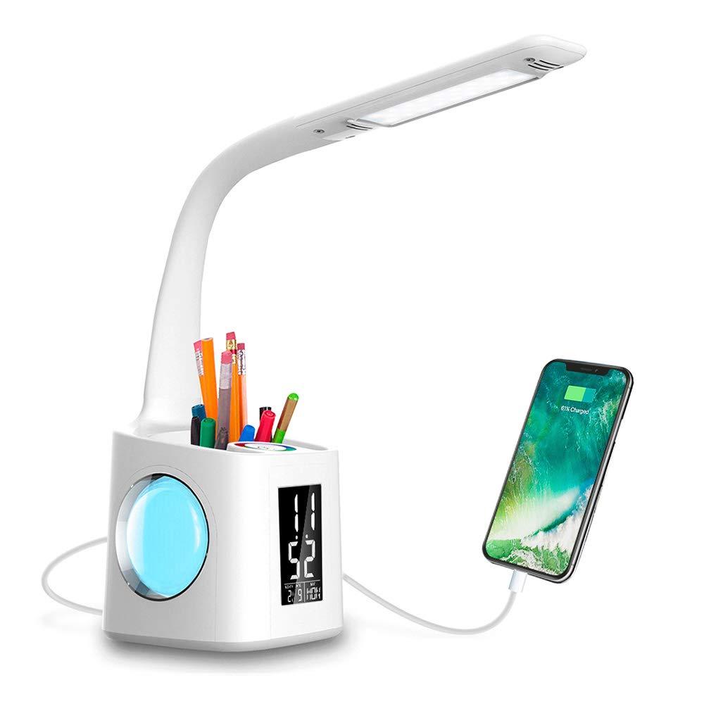 Study LED Desk Lamp with USB Charging Port, LCD Screen, Calendar, 256-Color Night Light & Pen Holder – Dimmable Table Lamp for Kids & Students