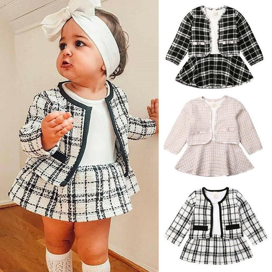 Baby Girl Two-Piece Long-Sleeved Dress Set – Korean-Inspired Plaid Outfit for Toddlers