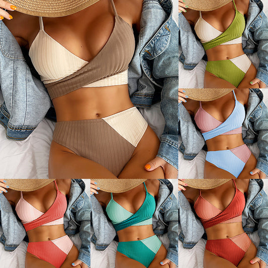 Ribbed Patchwork Bikini – Women's High-Waist Swimsuit with Knot Back & Ruched Detailing