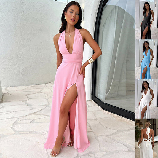 Women's Sexy Halterneck V-Neck Slit Dress – Backless Strappy Summer Maxi Dress