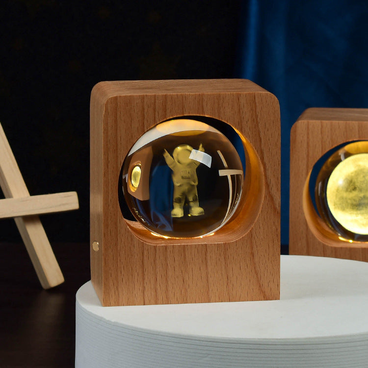 Beech Crystal Ball Night Light – 3D Laser Engraved Elk & Jellyfish LED Lamp with USB Dimming