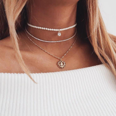 Elegant Pearl Drops Love Necklace – Multilayer Rhinestone Clavicle Chain